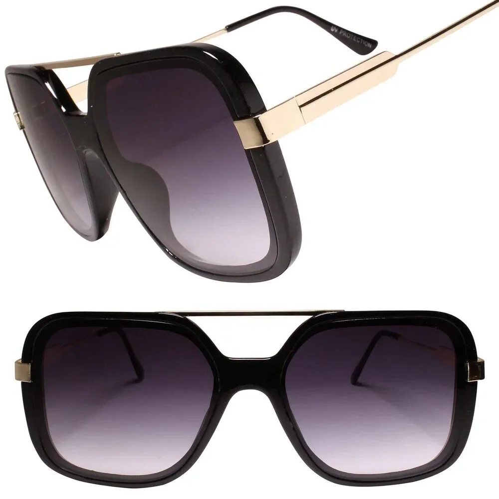 Designer Luxury Oversized XXL Gorgeous Stylish Square Black & Gold Sunglasses